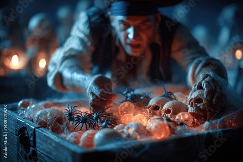 A mysterious pirate examines a treasure chest filled with skulls spiders and glowing orbs in a dark spooky setting