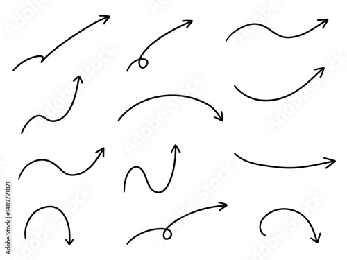 手書きのゆるい矢印アイコンのベクターイラストセット。方向、手描き、シンプル、やじるし