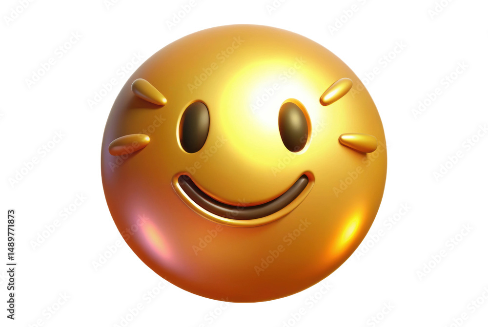 Fototapeta premium PNG Smiling golden 3d emoji with radiant cheeks and joyful expression