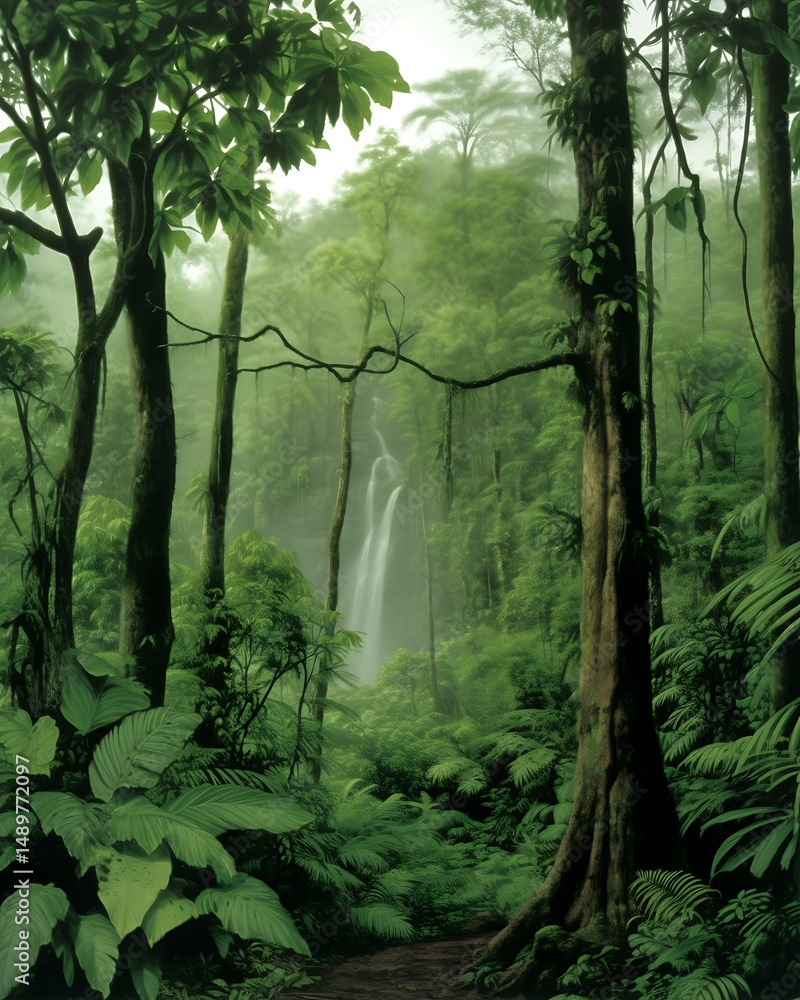 Fototapeta premium Misty rainforest waterfall scene.