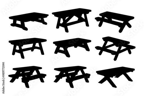 Picnic table with bench black silhouette collection vector illustration