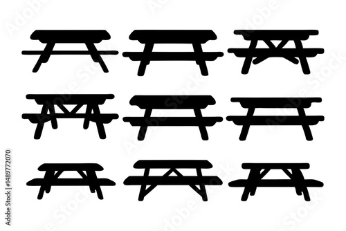 Picnic table with bench black silhouette collection vector illustration