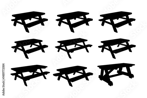 Picnic table with bench black silhouette collection vector illustration
