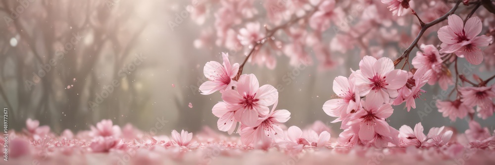 Fototapeta premium Delicate pink sakura petals softly descend on a bokeh background , art, bright, serene