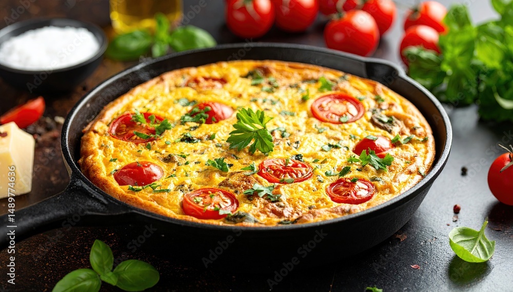 Delicious savory frittata in a cast iron skillet. Delicious savory frittata in a cast iron skillet.
