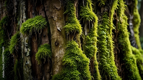 A close-up of tree bark covered in moss 