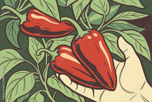 69 highly detailed, vibrant, macro shot of red chili peppers held in human hand, lush green foliage background, studio lighting, cinematic depth of field, realistic, 8k resolution