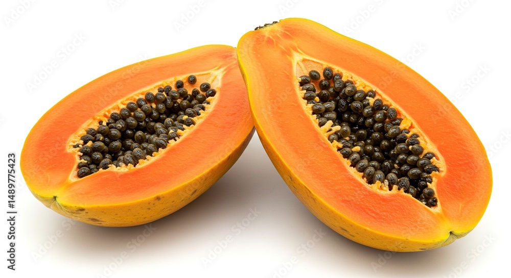 Fresh Ripe Papaya Cut in Half with Seeds – Tropical Fruit on White Background Fresh Ripe Papaya Cut in Half with Seeds – Tropical Fruit on White Background