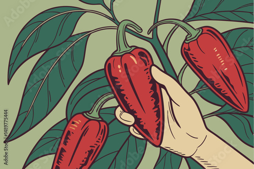 69 highly detailed, vibrant, macro shot of red chili peppers held in human hand, lush green foliage background, studio lighting, cinematic depth of field, realistic, 8k resolution
