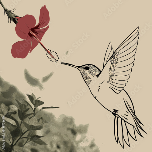 Hummingbird sipping nectar from vibrant red hibiscus flower with dynamic motion blur effect.