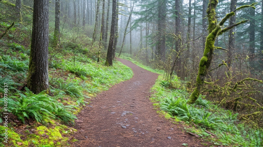 Fototapeta premium Misty forest trail winding uphill, ferns lining path, background trees. Nature, hiking, travel
