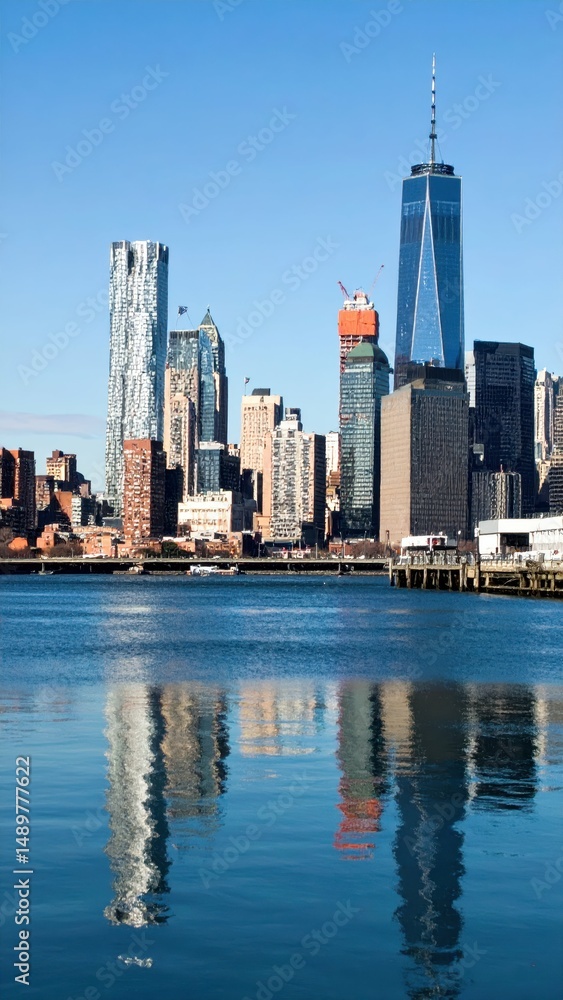Fototapeta premium Stunning City Skyline Reflected in Water Under Clear Blue Sky