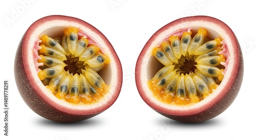 Fresh Passion Fruit Cut in Half Isolated on White Background