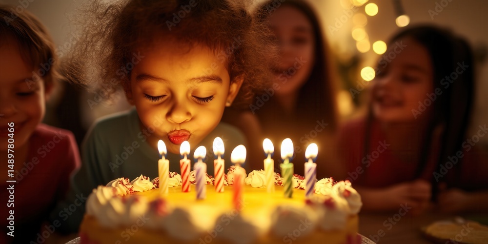 Cheerful little kid blowing out candles on their birthday cake, surrounded with family and joyful friends. Child celebrating birthday at home. Cheerful little kid blowing out candles on their birthday cake, surrounded with family and joyful friends. Child celebrating birthday at home.