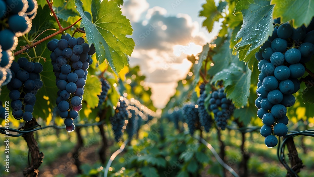Naklejka premium Ripe Grapes Hanging in Vineyard Row during Golden Sunset Time