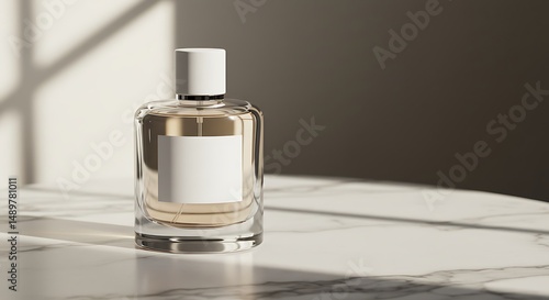 Elegant Fragrance Bottle Mockup on Marble Surface with Sunlight: Premium Perfume Presentation