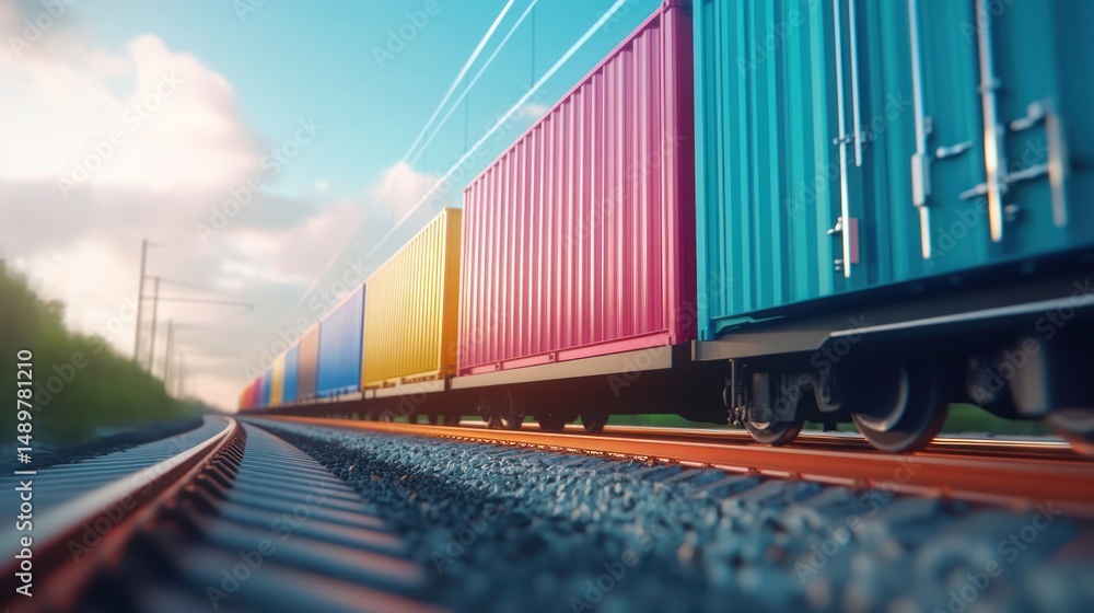 Fototapeta premium Colorful cargo train transports goods across countryside