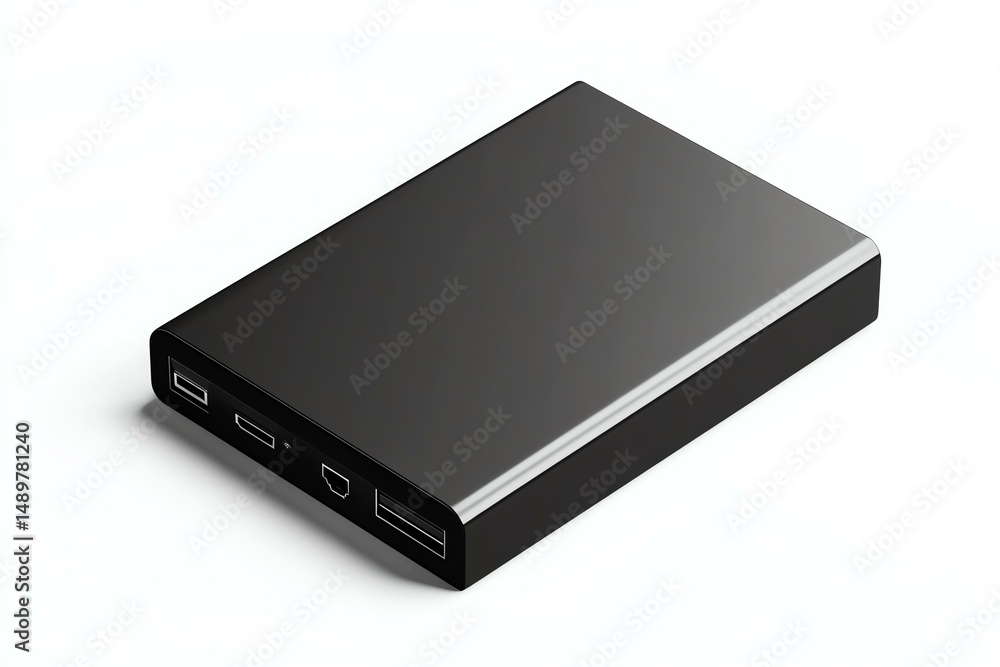A realistic external hard drive mockup with a branded design on a white background A realistic external hard drive mockup with a branded design on a white background
