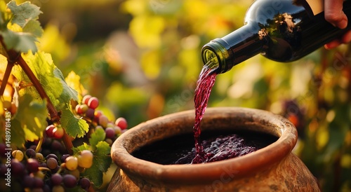 Red wine being poured into a large terracotta jar amidst a vineyard