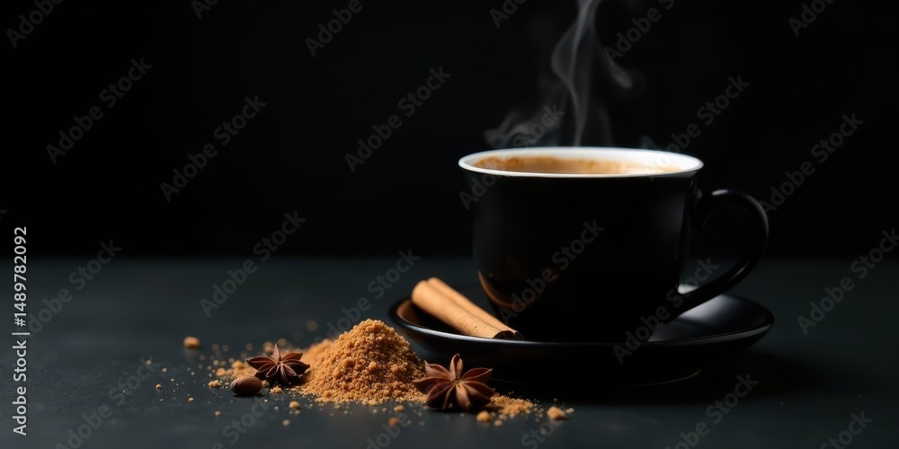 Obraz premium Aromatic Coffee with Cinnamon and Star Anise A Warm Drink on a Dark Background