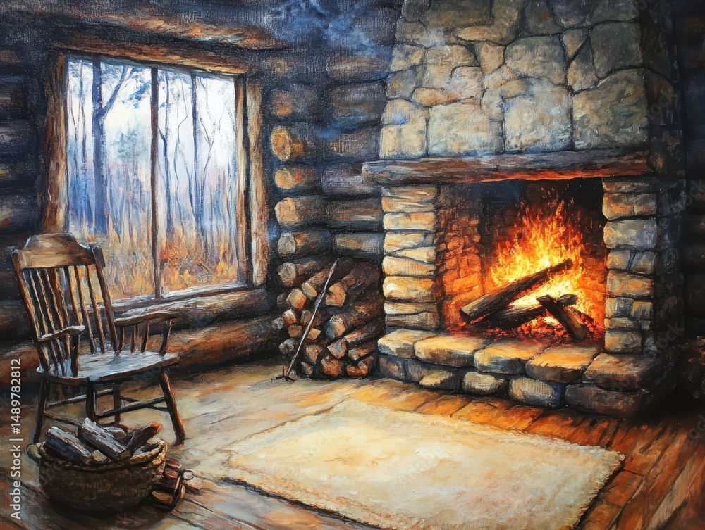 Warm cozy log cabin interior showcasing a roaring fireplace and outdoors view Warm cozy log cabin interior showcasing a roaring fireplace and outdoors view