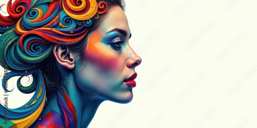 Obraz premium A Vibrant Profile Portrait Featuring a Woman Adorned with Swirling, Multicolored Hair and Artistic Makeup