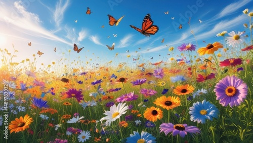 Bright wildflower field under a blue sky with butterflies flying, capturing the essence of spring and summer’s beauty and freedom