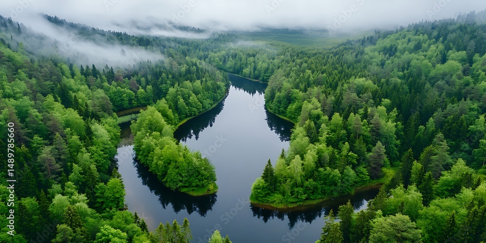 Fototapeta premium Serene river flowing through lush forest aerial view nature photography tranquil environment