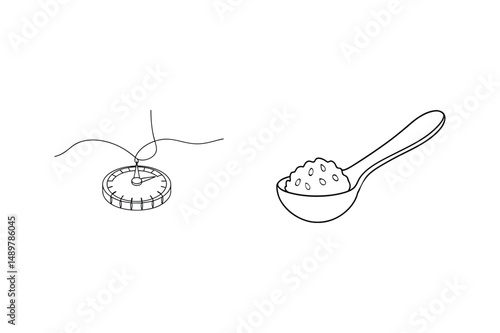 Compass and spoon black line art conceptual illustration of navigation and nourishment