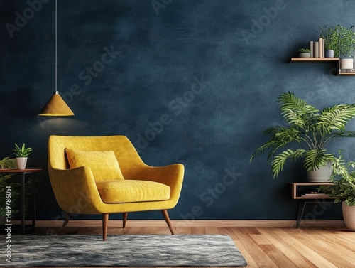 Interior design featuring a yellow armchair and plants in a room