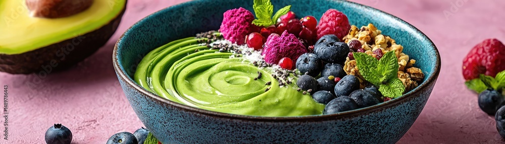 Obraz premium Healthy smoothie bowl with yogurt and organic berries dessert concept. Healthy smoothie bowl garnished with fresh berries and nuts.