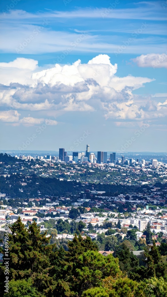 Fototapeta premium Urban Sprawl Over City Skyline with Clouds in the Blue Sky