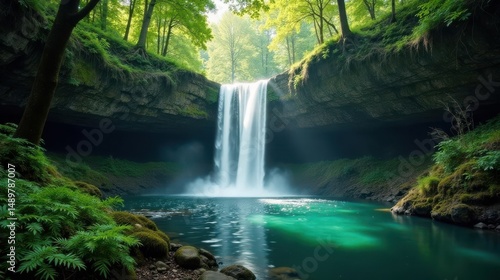 Serene Waterfall Cascading into Emerald Pool Surrounded by Lush Greenery and Ancient Trees