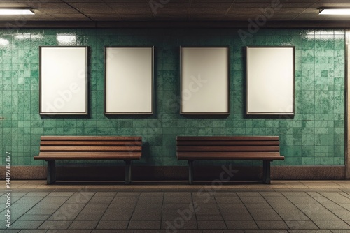 Empty advertisement boards in a subway station.  Wooden benches line the passageway against teal-colored tiled walls