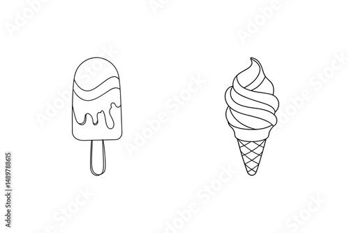 Simple black and white line art illustrations of ice cream cone and popsicle treats