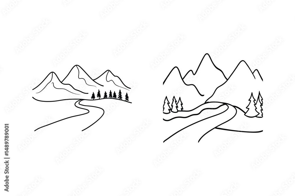 Fototapeta premium Minimalist black and white landscape illustration featuring mountains and winding road designs