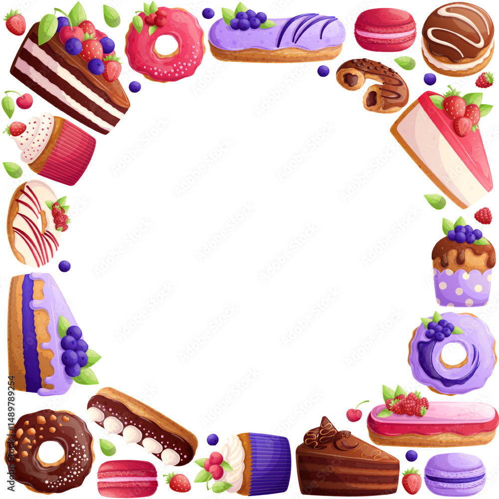 Obraz premium A set of delicious desserts in the form of a frame on a white background. The concept of confectionery, bakery and cooking. Vector illustrations for posters, banners, flyers and covers