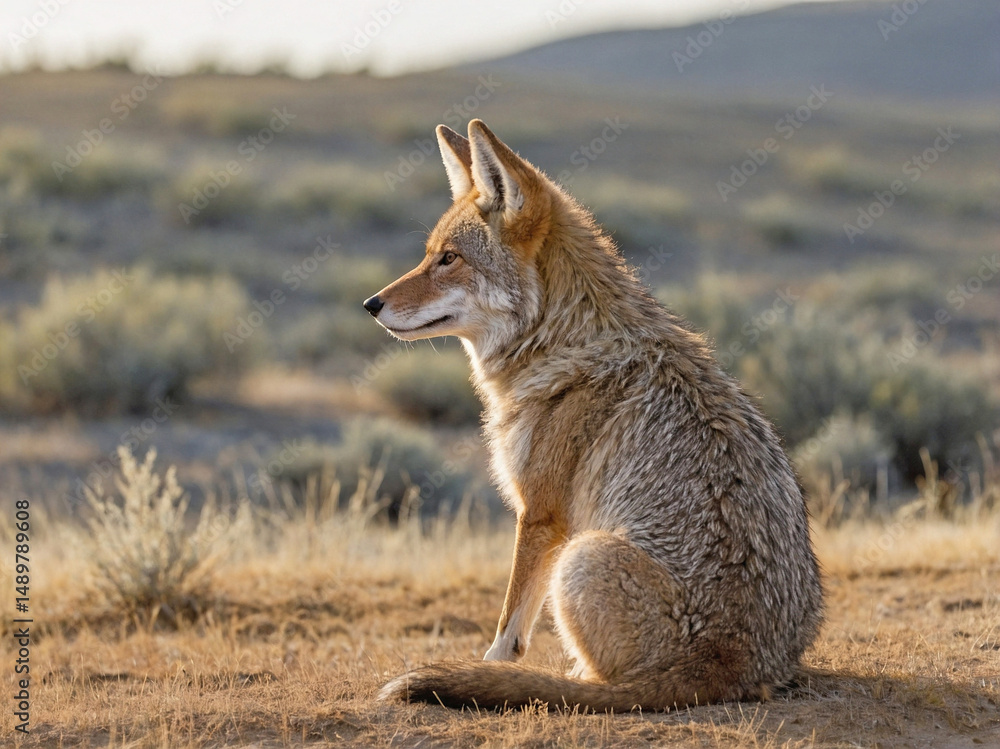 Fototapeta premium A full-body image of a coyote sitting in side profile
