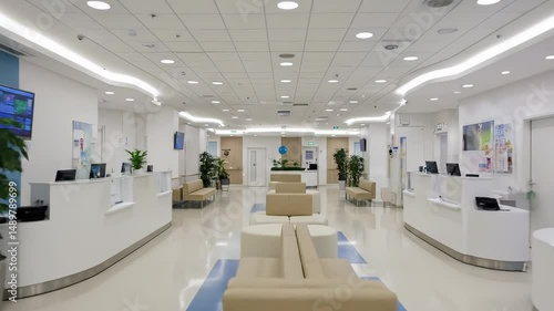 Modern medical center entrance with front desk, seating area, and greenery for a welcoming feel

