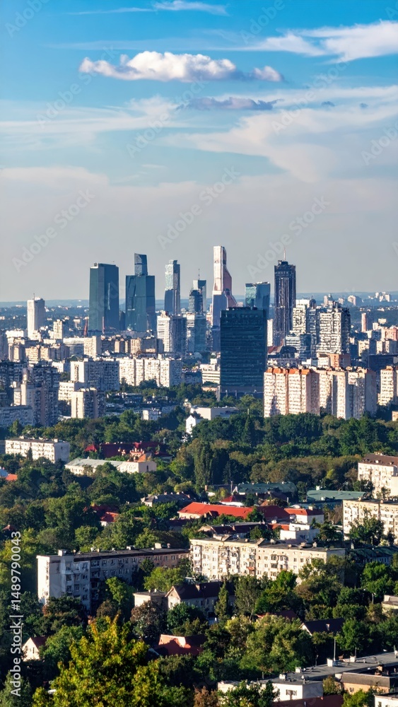 Obraz premium Urban Skyline Overlooking Residential Areas and Green Spaces