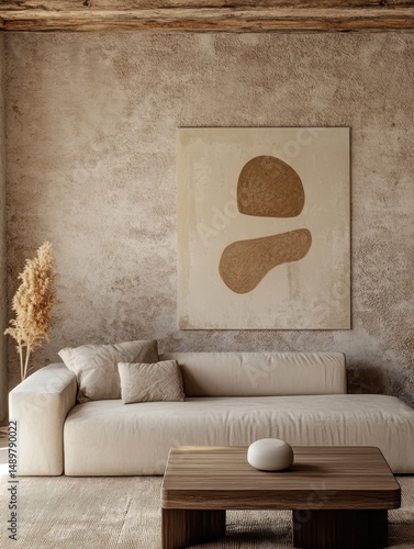 A modern interior featuring sofa and artwork and objects