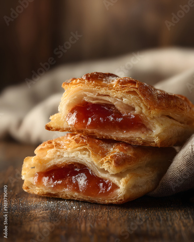 close-up of fresh guava pastry with visible layers of crisp puff pastry and glossy guava jam