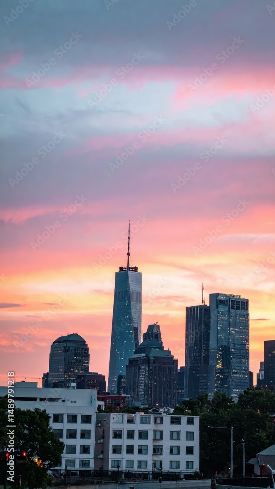 Fototapeta premium Vibrant City Skyline at Sunset with Dramatic Colorful Clouds