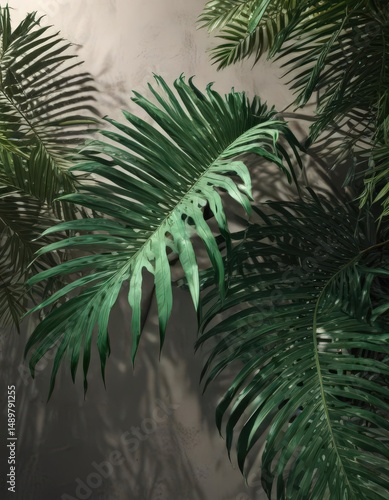 Deep emerald palm leaves, intricate veins, shadows play across surface ,  emerald,  exotic