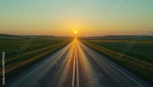 Empty road stretching into a golden sunrise over a grassy plain
