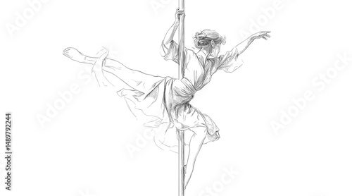 vector girl dancing near pole on white background .Generative AI