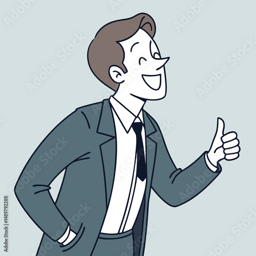A cartoon illustration of a smiling man with brown hair, wearing a suit and tie, giving a thumbs-up gesture with his right hand. He has his left hand in his pocket.