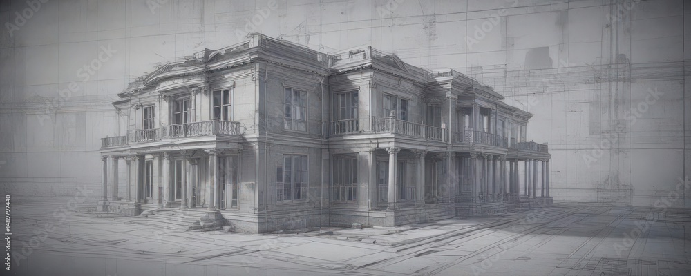 Obraz premium Architectural blueprint overlay on faded photo, creative visualization of building project , photo, draft