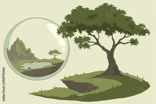 77 a crystal glass sphere, a lush green tree, a small pond, a floating island, natural lighting, surreal, detailed, cinematic, 8k