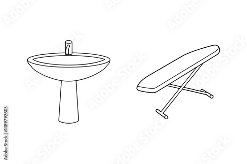 Simple outline illustration of a bathroom sink and a portable ironing board
